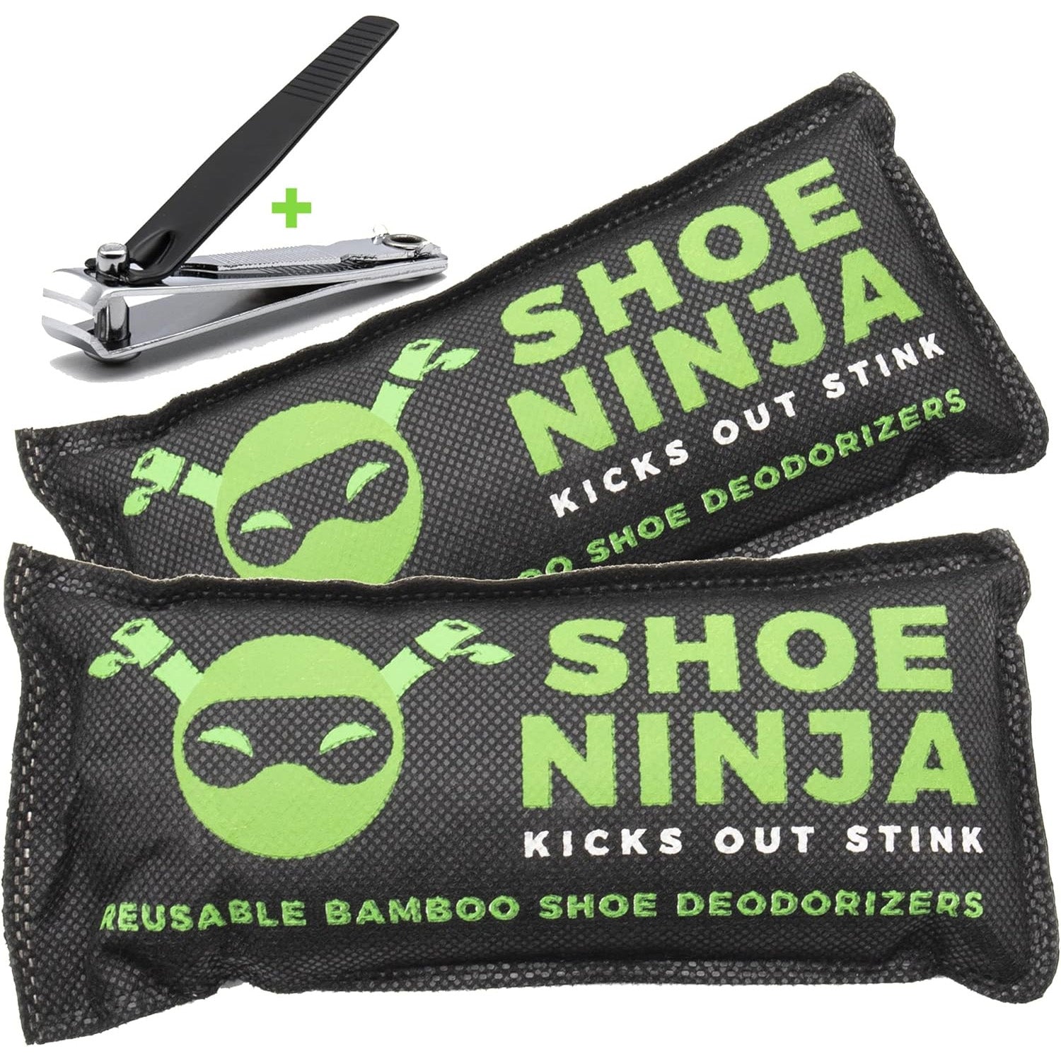 Two black shoe deodorizers with green text labeled 'Shoe Ninja' and a nail clipper 