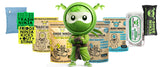 Earth Ninja mascot with Trash Ninja, Shoe Ninja and Fridge Ninja natural deodorizer products for trash cans, shoes and refrigerators