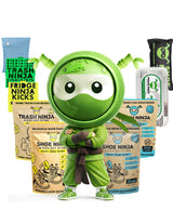 Earth Ninja mascot with Trash Ninja, Shoe Ninja and Fridge Ninja natural deodorizer products for trash cans, shoes and refrigerators